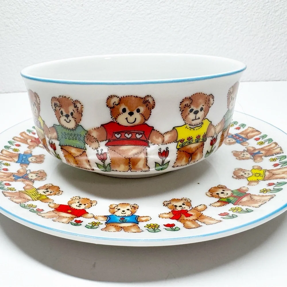 Vintage 70s 1979 Enesco Lucy Ring Teddy Bear Bowl and Plate
